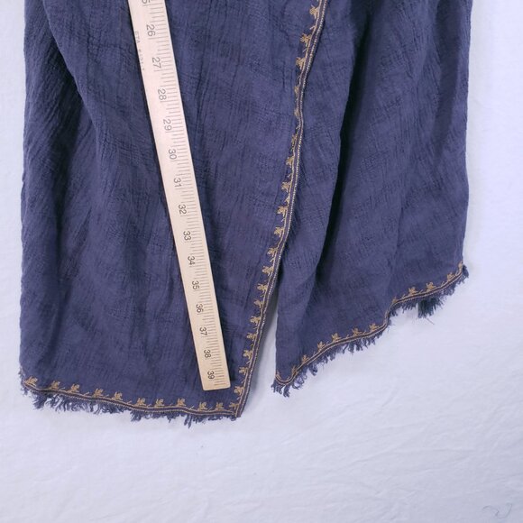Wrap Designed in London Blue Gray Linen Blend Embroidery Wrap Mid Dress 8 - Picture 6 of 16